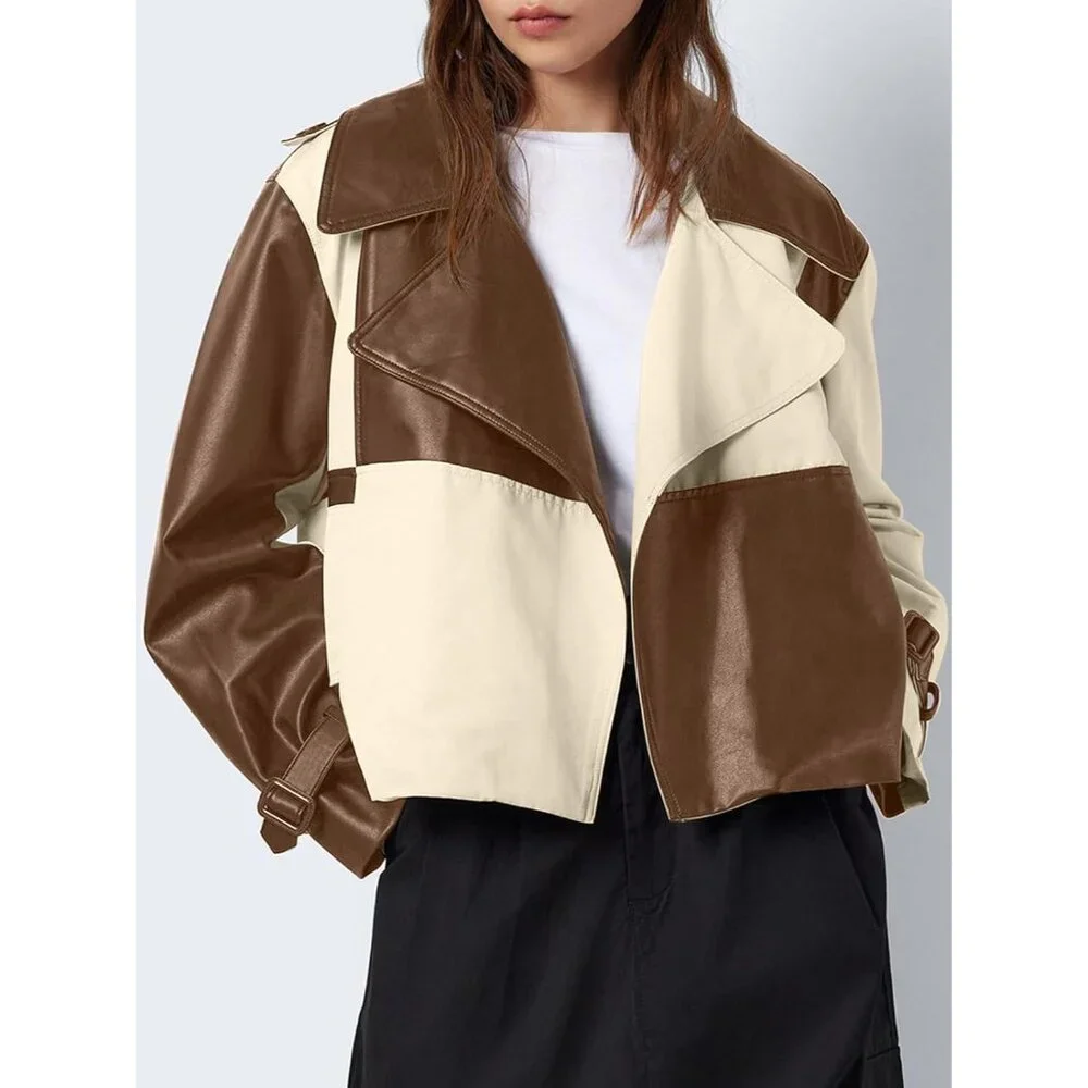 Womens Faux Leather Bomber Jacket with Bow Brown Stylish Fall Outerwear Coat - Picture 3 of 6